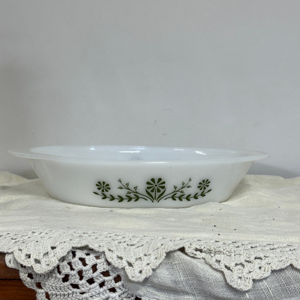 Vintage Glasbake White Milk Glass Divided Serving Dish‎ Green Floral Daisy J2352